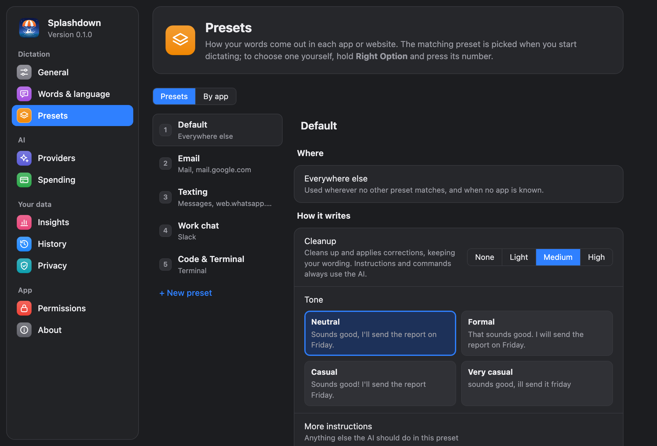 Settings, Presets: Default, Email, Texting, Work chat and Code presets, with cleanup level and tone choices